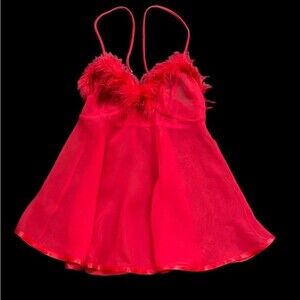 Vintage 90s Frederick's Of Hollywood Mesh & Feather Red Babydoll Small Lingerie